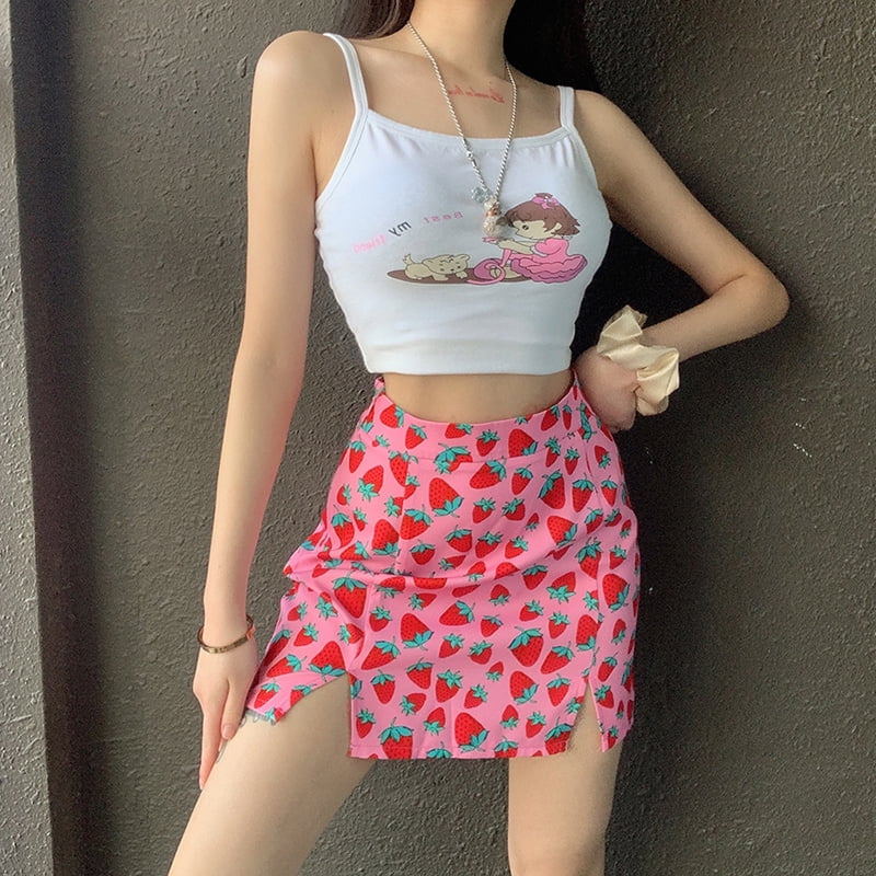 COUTEXYI Women Girls Strawberry Print Skirts Summer ALine Split Hight