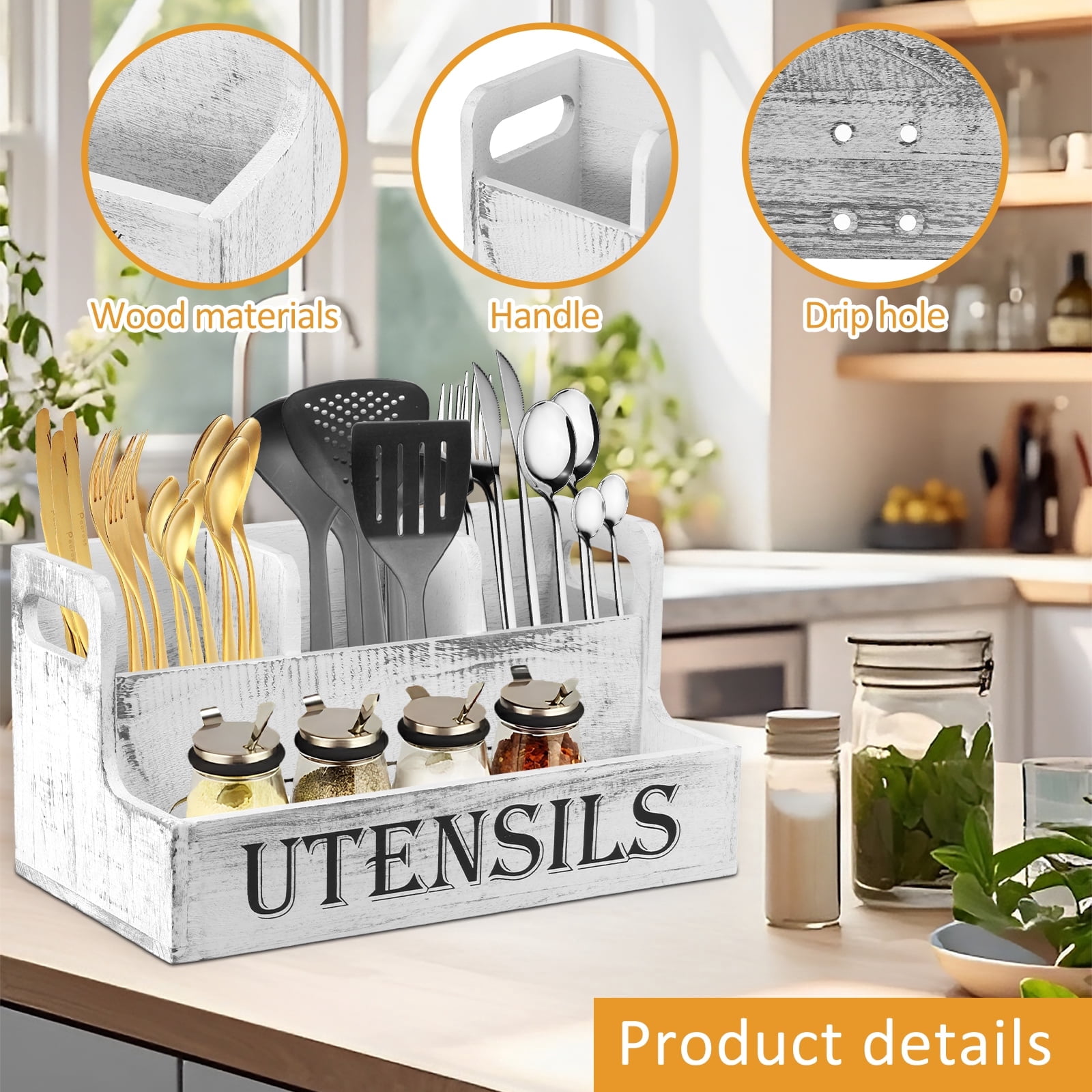 FUYGRCJ Extra Large Kitchen Utensils Holder with 4 Compartments, 2 Layers Wooden Utensil Holder Organizer for Countertop, Farmhouse Utensil Storage Caddy, Rustic Cooking Utensils Organizer