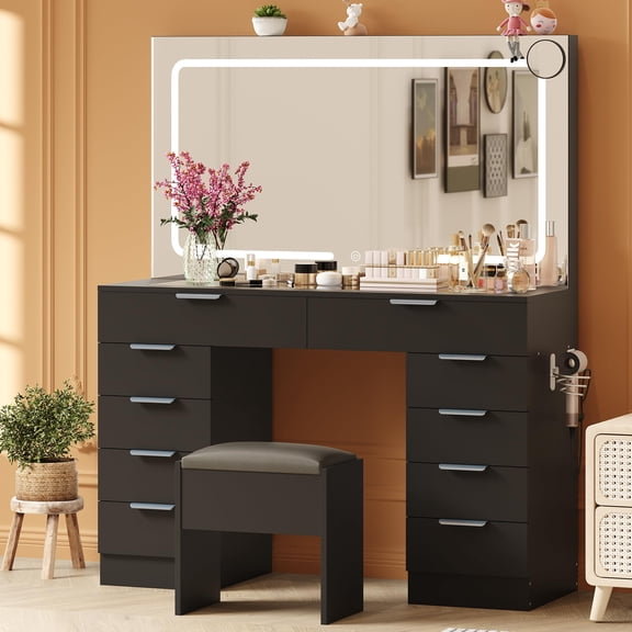 Vanity Desk with Large Mirror and Lights, Makeup Vanity Set W/ Power Outlet Stool 10 Drawers, Magnifying Glass & Hairdryer Holder Black
