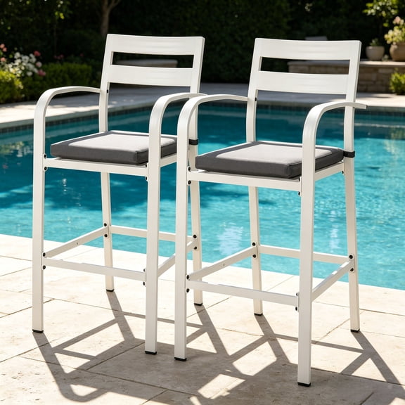 Ktaxon 2-Pc Outdoor Bar Stools, All-Weather Aluminum with Cushion for Patio, Backyard, White