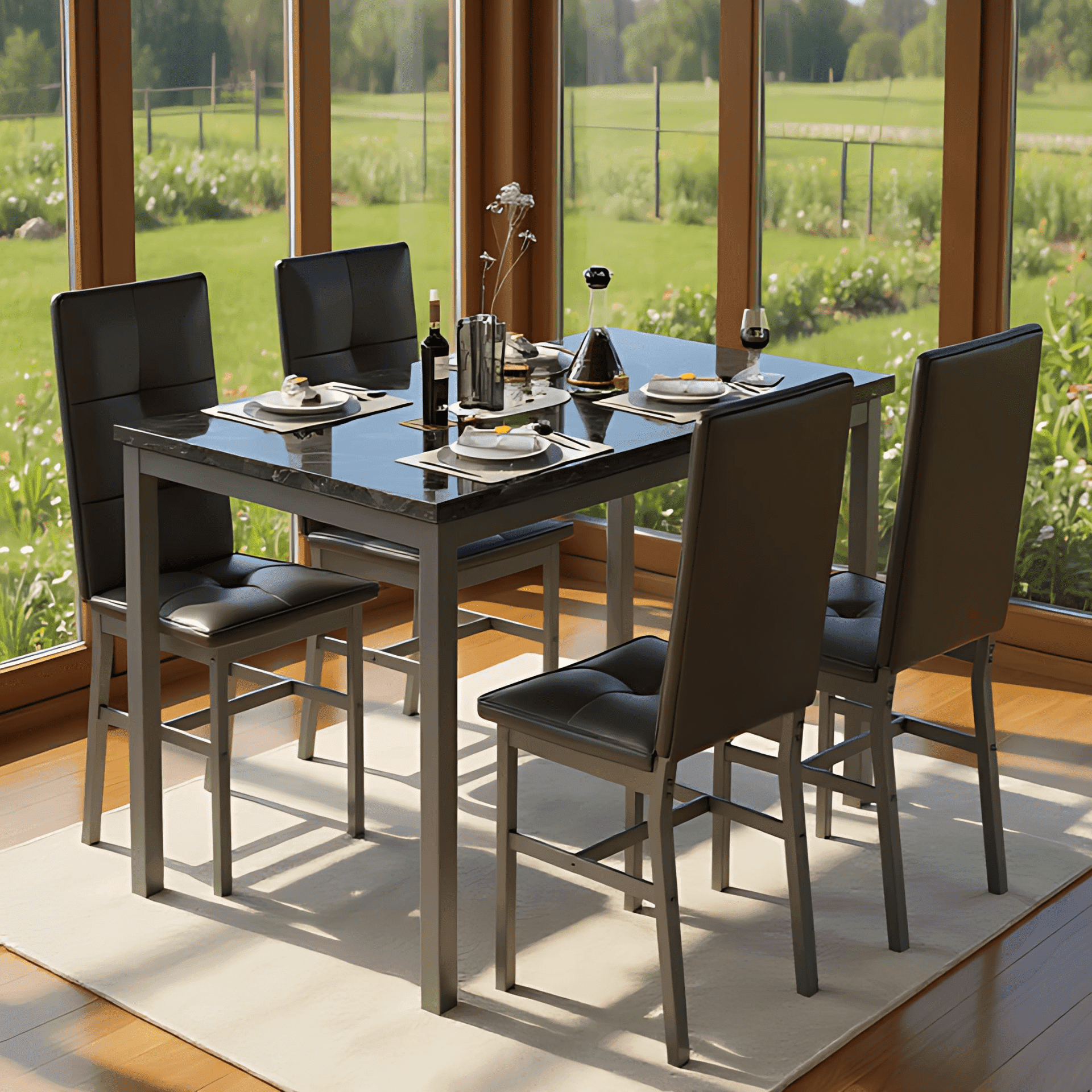 LinkRomat Dining Table Set for 4, Modern Faux Marble Tabletop and 4 PU Leather Upholstered Chairs, Kitchen Table and Chairs for Dining Room Breakfast Nook, Black