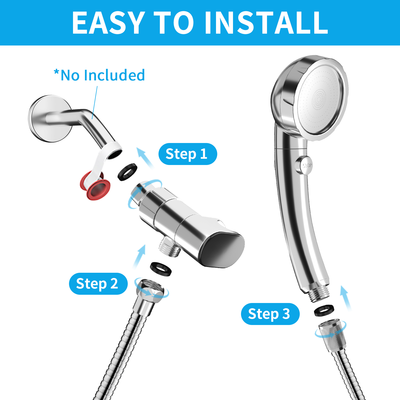 KAIYING High Pressure Handheld Shower Head with Hose, On/Off Switch & LED Thermometer, Chrome