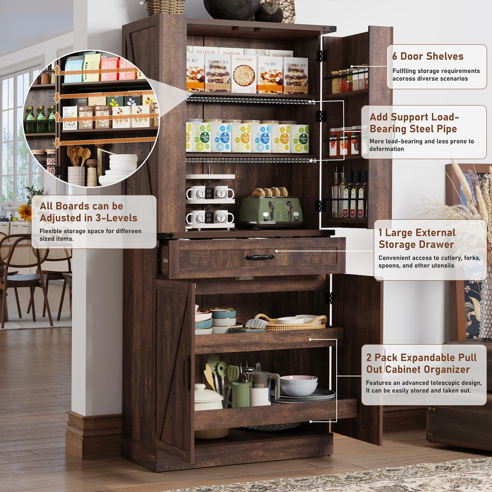 71" Tall Farmhouse Kitchen Pantry Cabinet with 6 Side Shelves & 3 Storage Drawer, Multifunctional Pantry Organizer with Adjustable Shelves & Load-Bearing Steel Pipe for Kitchen,Living Room, Brown