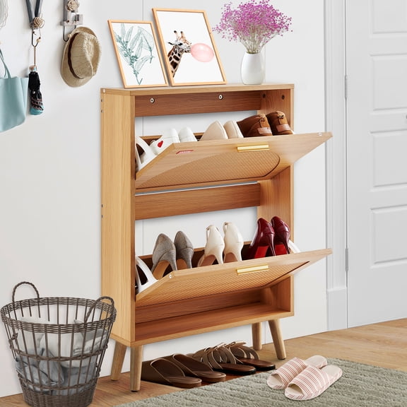 SKYSHALO Footwear Cabinet: Dual Flip Compartments, Entryway Shoe Organizer, Standalone Unit with Wicker Doors, Space for Heels, Boots, Sandals in Corridor, Lounge
