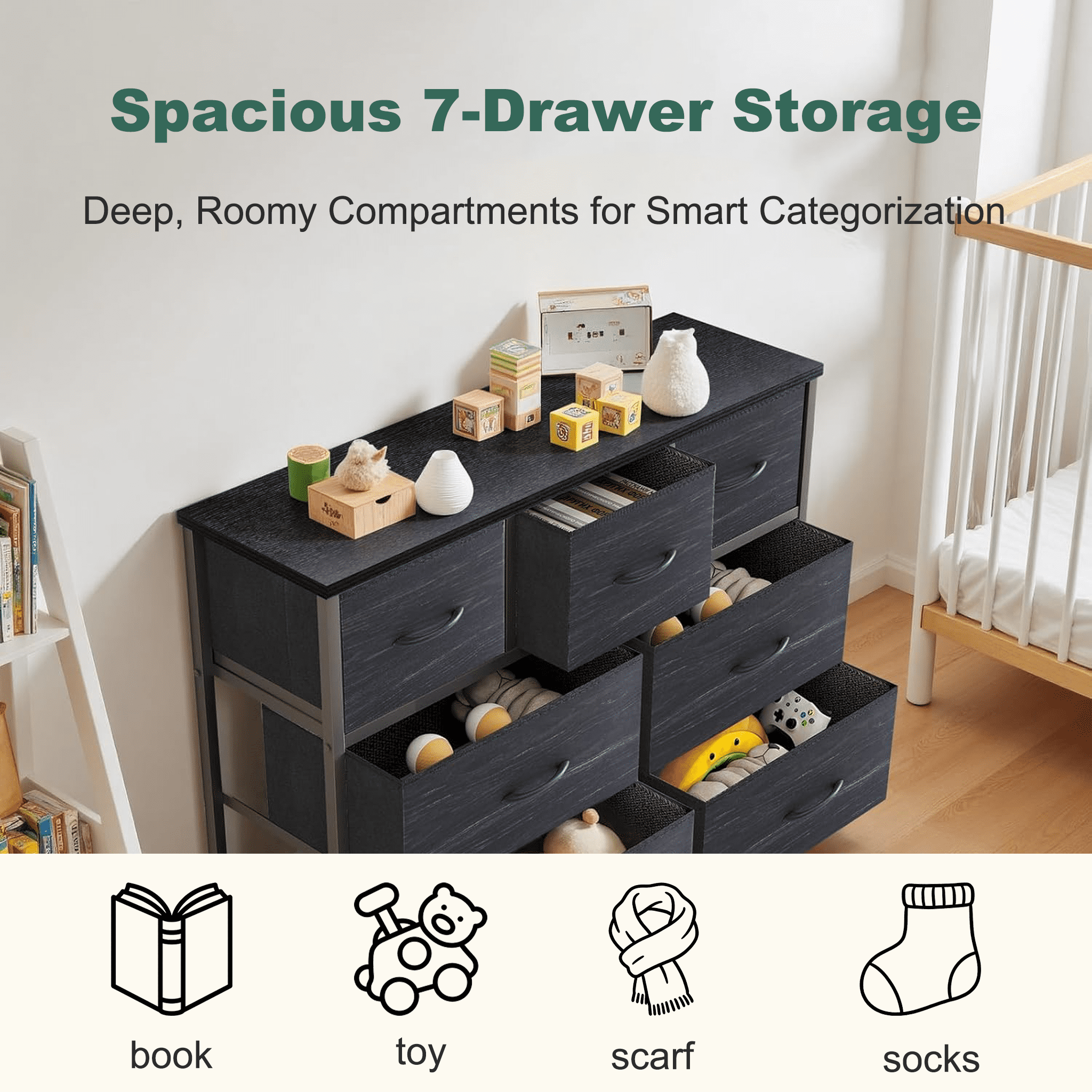 Aidoly 7-Drawer Wide Fabric Storage Dresser with Wooden Top - Space-Saving Bedroom & Closet Organizer, Charcoal Black