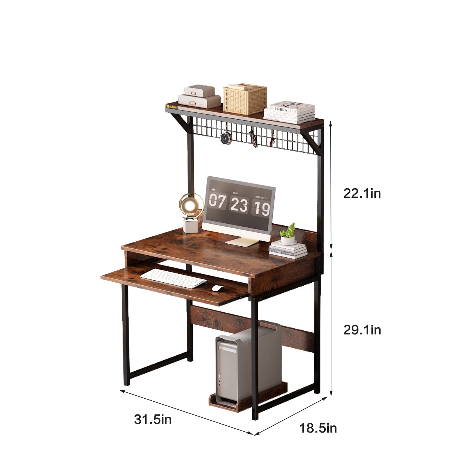 MIN EN WIN Retro Computer Desk with Storage Shelf and Keyboard Tray, Industrial Style Gaming Desk for Home Office, Rustic Brown