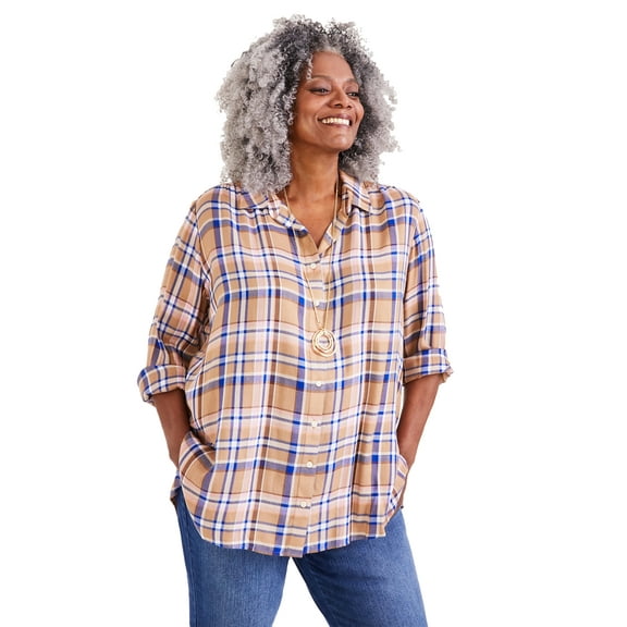 Plus Size Plaid Boyfriend Tunic Shirt Plaid Golden 2X