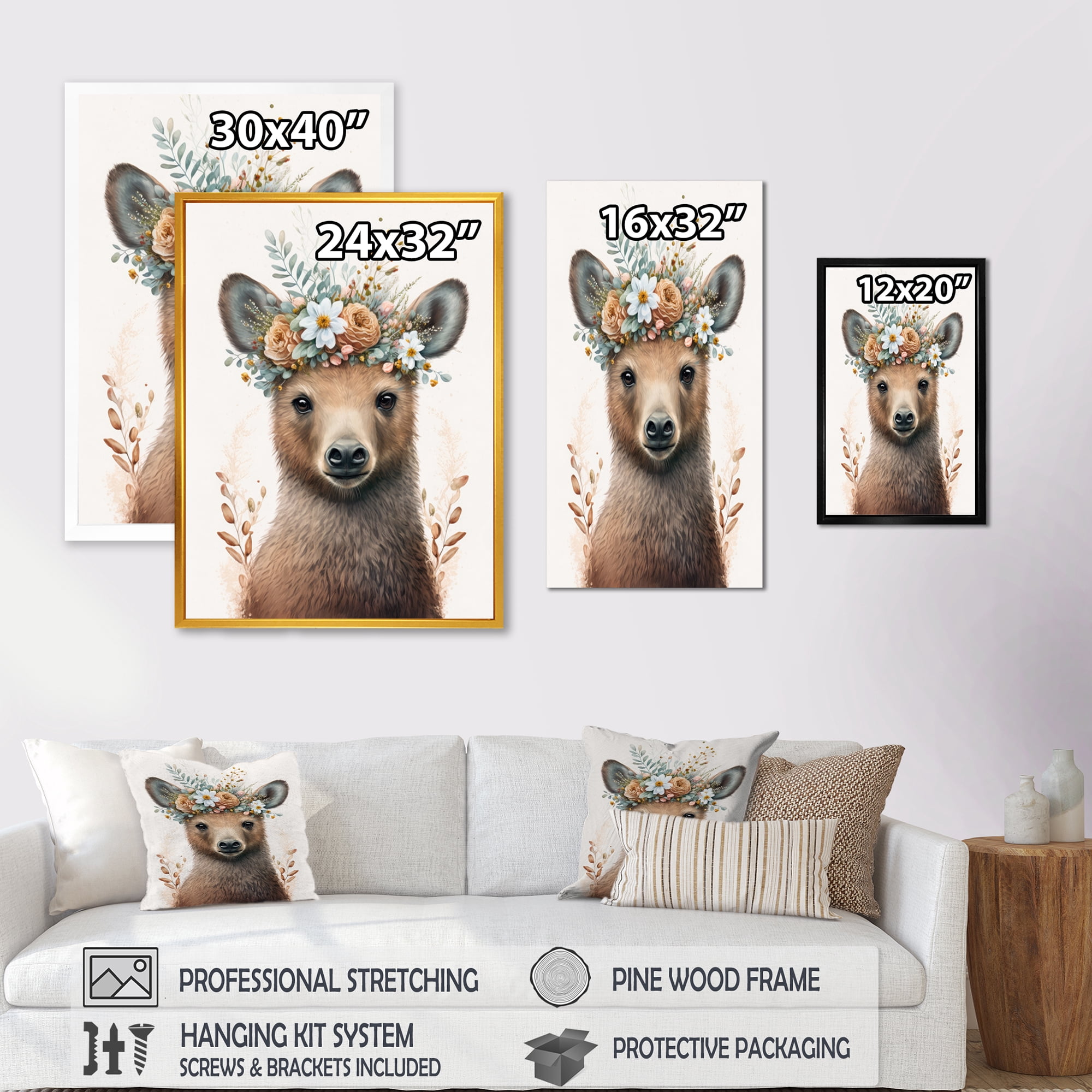 Designart Cute Baby Bear With Floral Crown V Canvas Wall Art