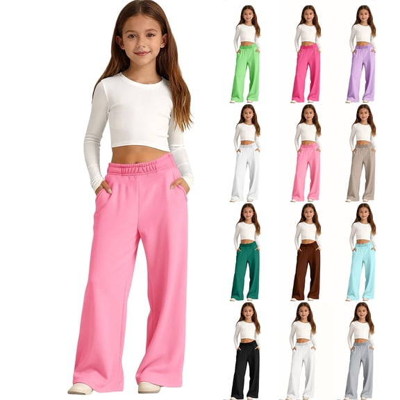 Resicozy Girls Sweatpants Wide Leg Elastic Waist Casual Sweat Pants with Pockets Baggy Athletic Pants for Kid Clothes 2-13 Years Pink 150
