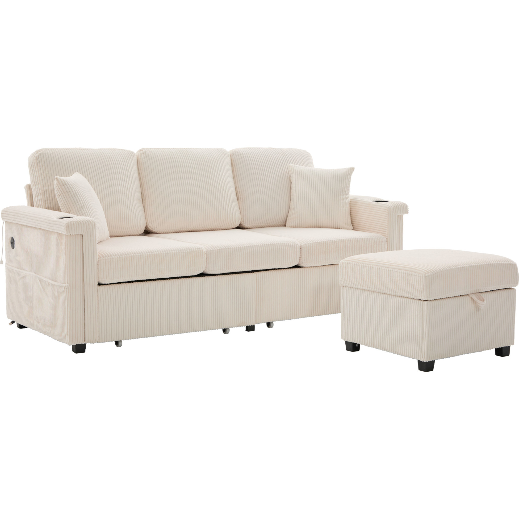 Noble House Elena 4-Seater L-Shaped Corduroy Sectional Sofa with Pull-Out Storage, Ottoman for Living Room, Beige