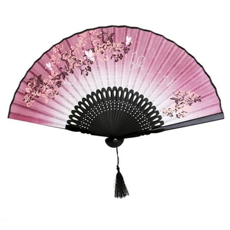 

Women and Flower Style Folding Bamboo Hand Fan with Tassel (Wine Red+Black)