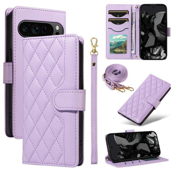 Crossbody Wallet Case for Google Pixel 9 Pro XL, Credit Card Slots Elegant PU Leather Magnetic Closure Shoulder Strap Purse Phone Case Flip Kickstand Full Body Protection Cover for Women Girls, Purple