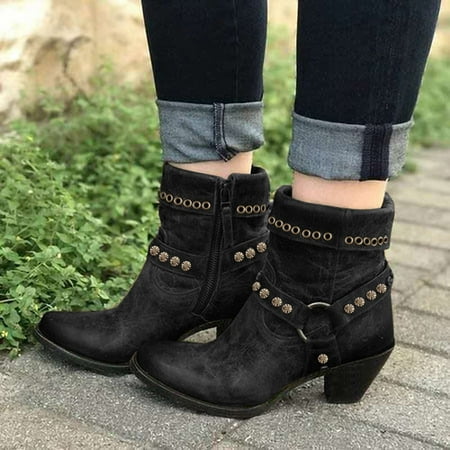 

Women Fashion Shoes Breathable Chunky High Heels Retro Zipper Short Boots