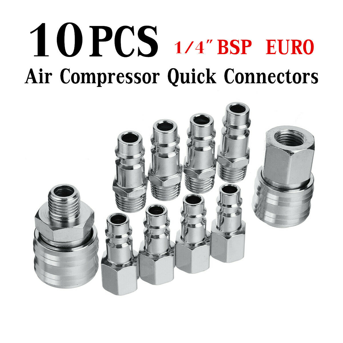 10 Pcs Air Line Connectors Euro Airline Hose Compressor Fittings 1/4