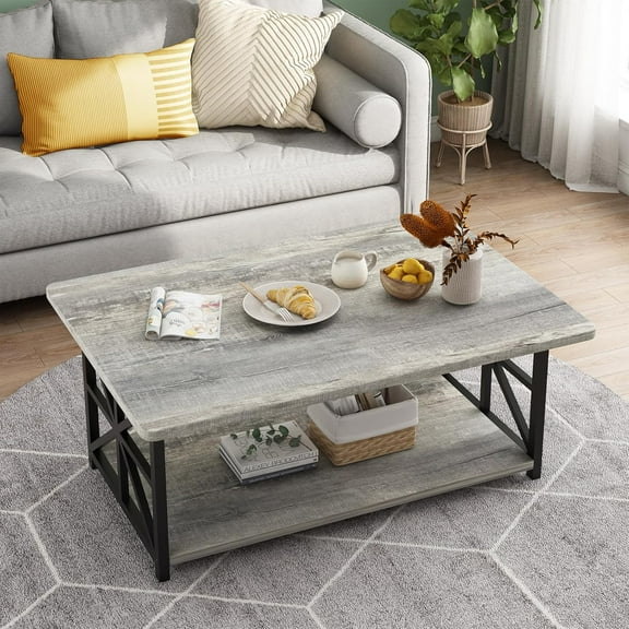 AWQM Coffee Table with Round Corners, 2 Tier Coffee Table with Storage Shelf, Rectangular Center Table for Living Room Modern Style, Marble Tea Table 39.37 × 21.65 Inches, Easy to Assemble, Grey