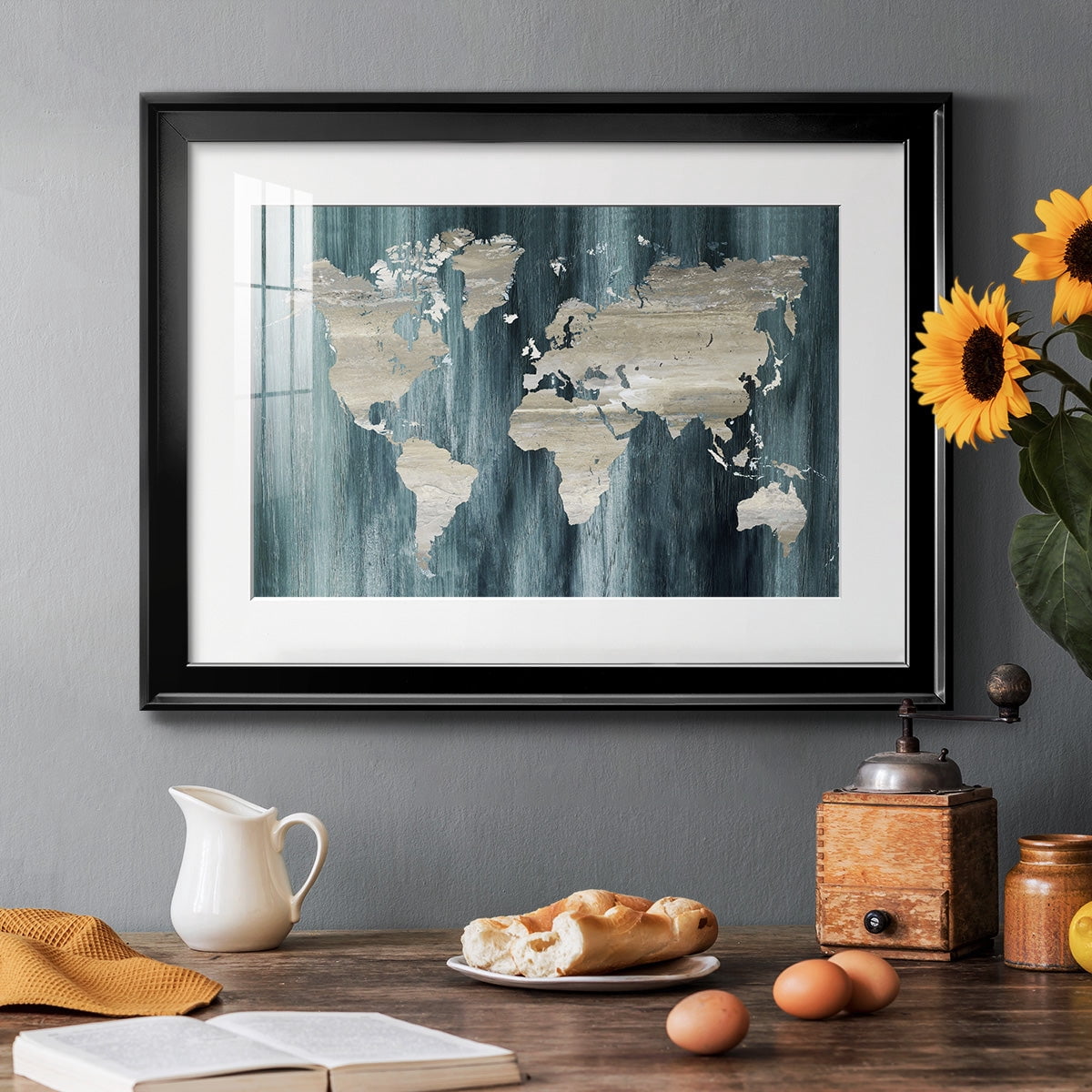 Navy World Map Premium Framed Print - Ready to Hang
