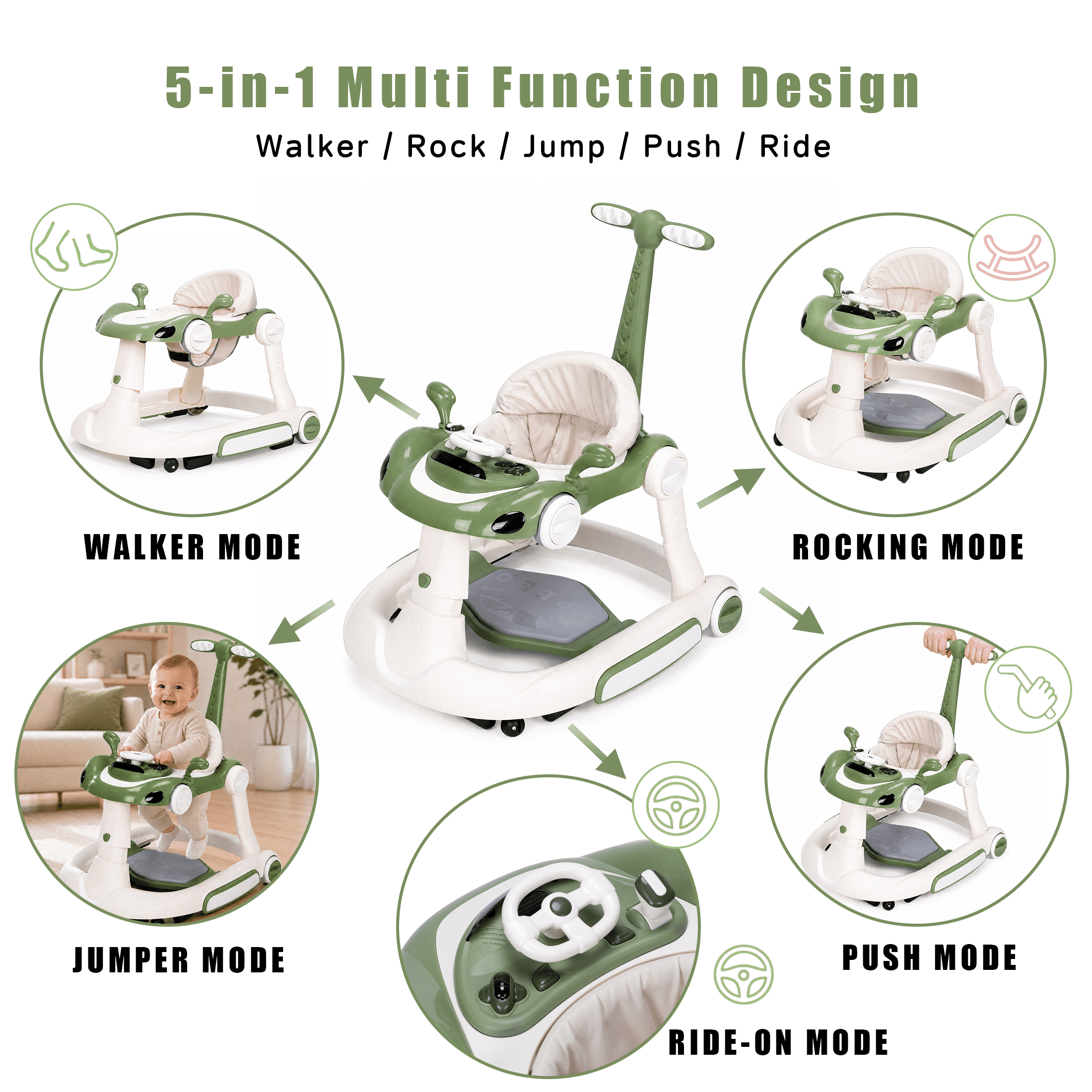 5 in 1 Baby Walker for Boys Girls,Foldable,Music,Jumper,Rocking,Push W/ 3 Height Adjustable for Infant 6-18 Months,Bean Green