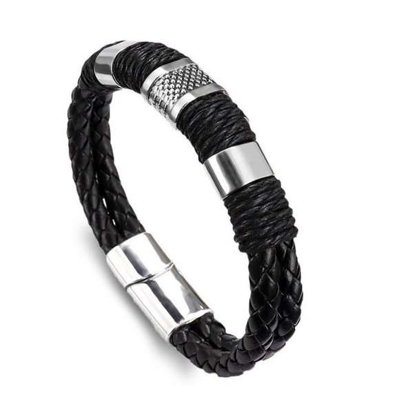 Veshon Men's Leather Bracelet with Stainless Steel Wristband Cuff Bangle Personality Bracelets