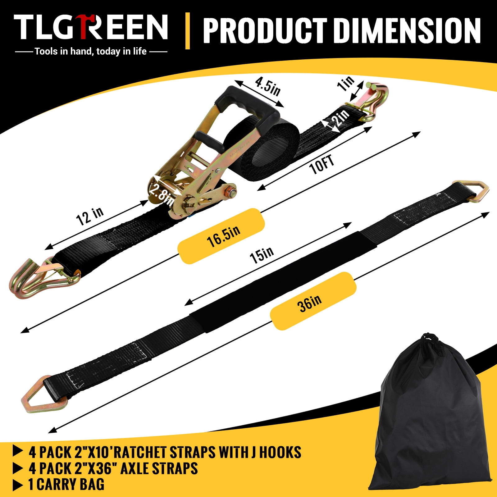 TLGREEN 4 Pack Wheel Straps + Axle Straps Kit for Trailers – 2” x 10’ Ratchet Straps with J Hooks & 36” Axle Straps, 10,000LB Break Strength, Non-Scratch Protection for Truck, SUV, ATV, UTV,Black
