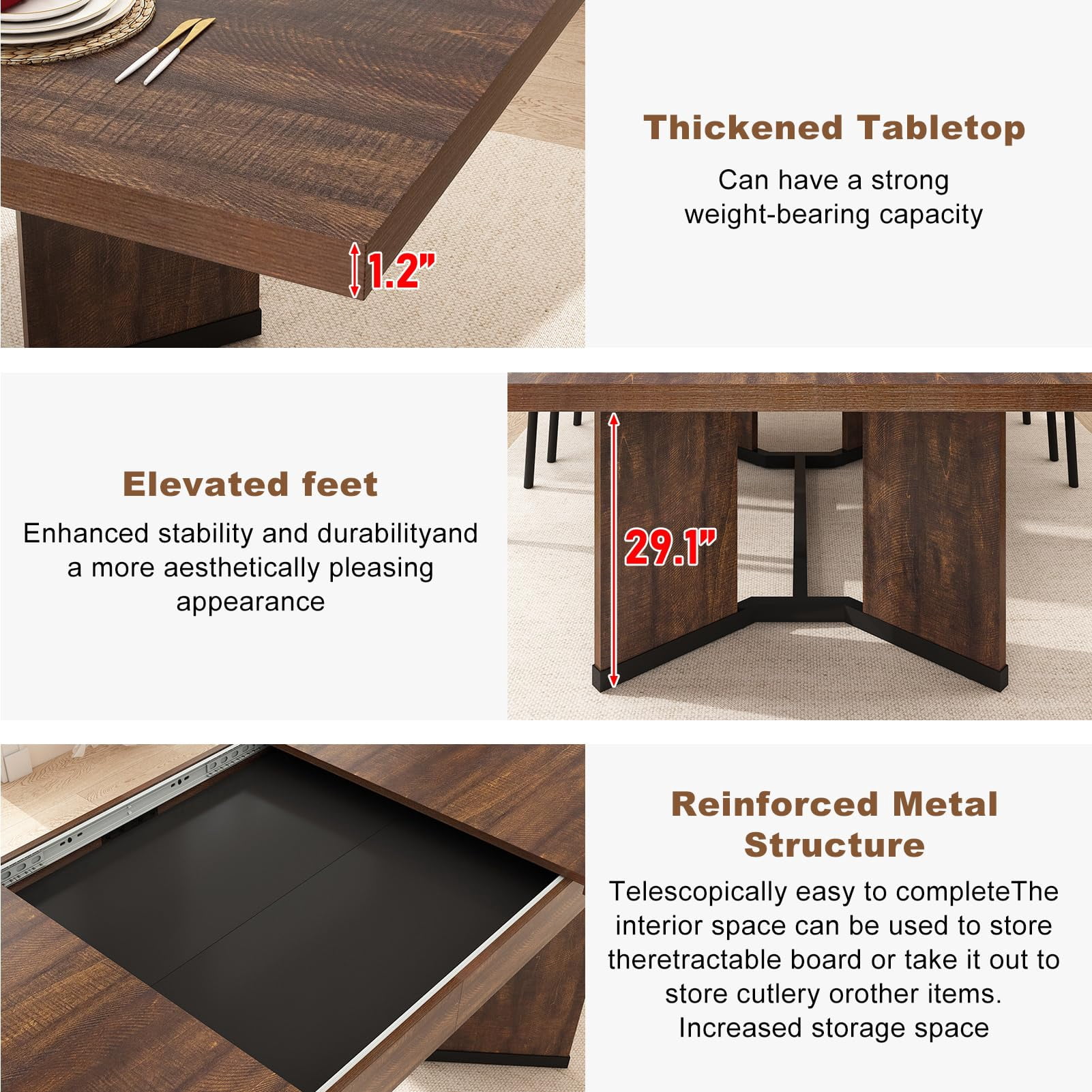 Blotout Extendable Dining Table for 6-10 Person, 59'' to 86.6'' Modern Farmhouse Wooden Kitchen Table, Rectangle Expandable Dining Room Table, Large Expanding Table (Rustic Brown)