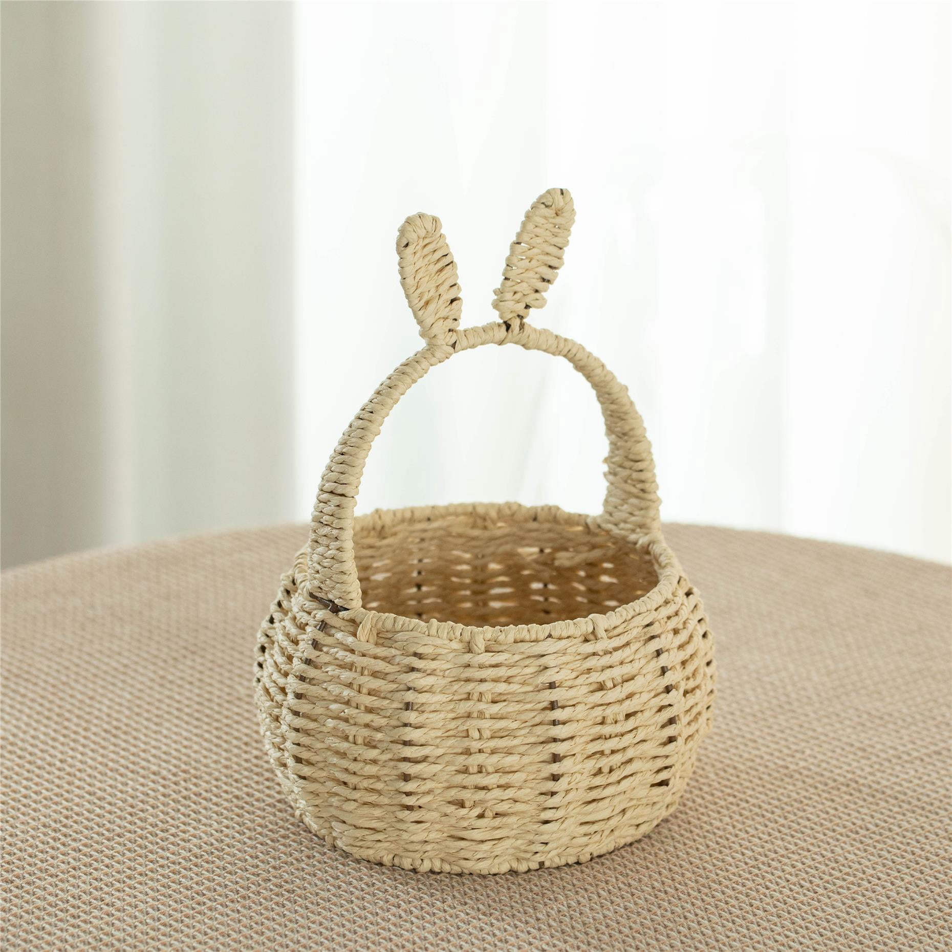 Wickerwise Hand-Woven Easter Bunny Ear Basket with Handle – Multi-Purpose Paper Rope Wicker Basket for Easter Egg Hunts, Picnics, Flower Arrangements, Food Storage, Party, and Home Decor, Nude