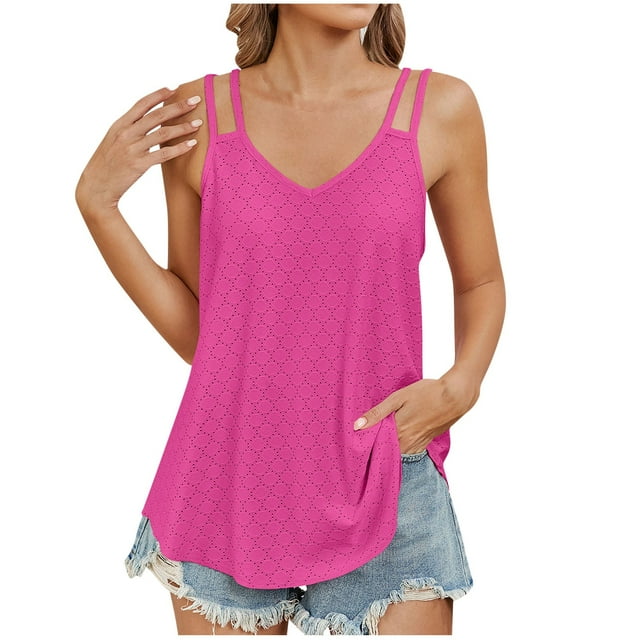 Yuyuzo Débardeurs pour Femmes Camisole Sans Manches à Illets Décontractée Bretelles Spaghetti Col Rond Cami Été Plage Chemises Fluides