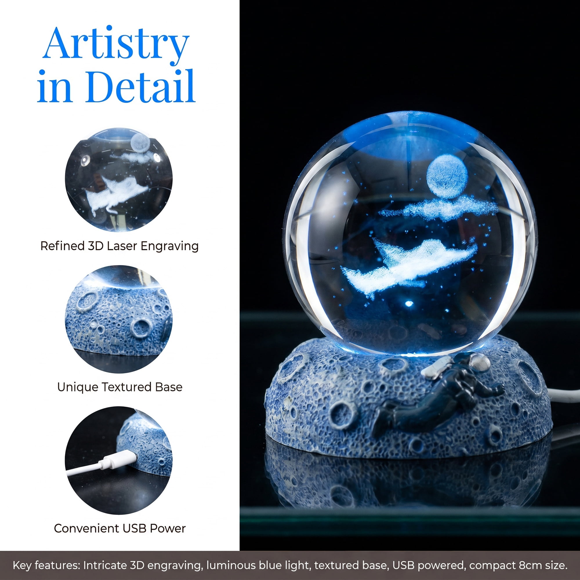 Unique Bargains Glowing Crystal Ball 3D Glass Ornament with LED Light Base Blue Style E