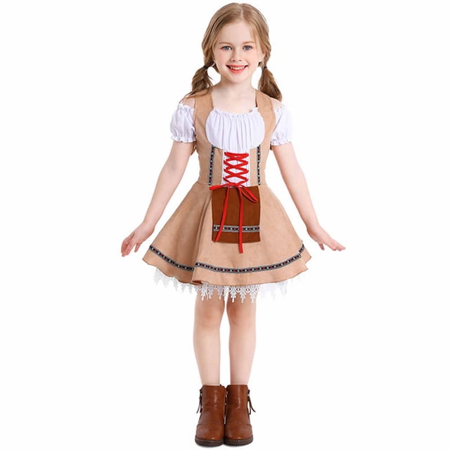 Huvoen Robe de Bal à Manches Courtes Oktoberfest Col Rond Smockée à Nouer Ligne A à Volants Fluide pour Halloween Marron m