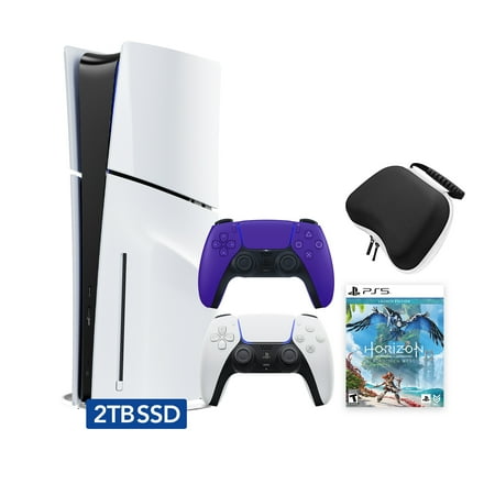 PlayStation 5 Slim Disc 2TB SSD Edition Horizon Forbidden West Bundle with Two Controllers White and Galactic Purple DualSense and Mytrix Hard Shell Protective Controller Case - PS5 Gaming Console
