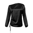 thumbnail image 6 of Womens Elegant Solid Color Satin Blouse One Shoulder Asymmetric Draped Neck Long Sleeve Shirt Black L, 6 of 6