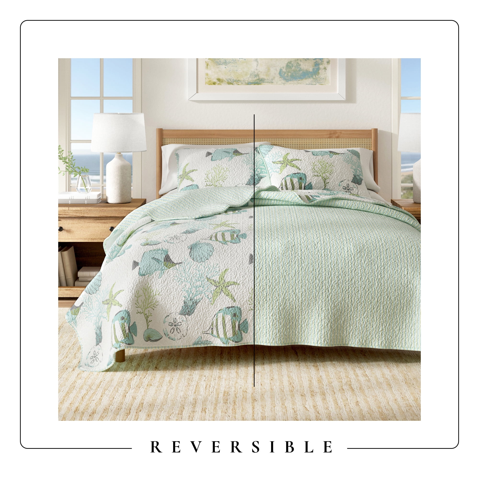 Coastal Quilt Set - Lightweight, Soft, All-Season - 3-Piece Reversible Bedding Set (King / California King, Fish & Coral)