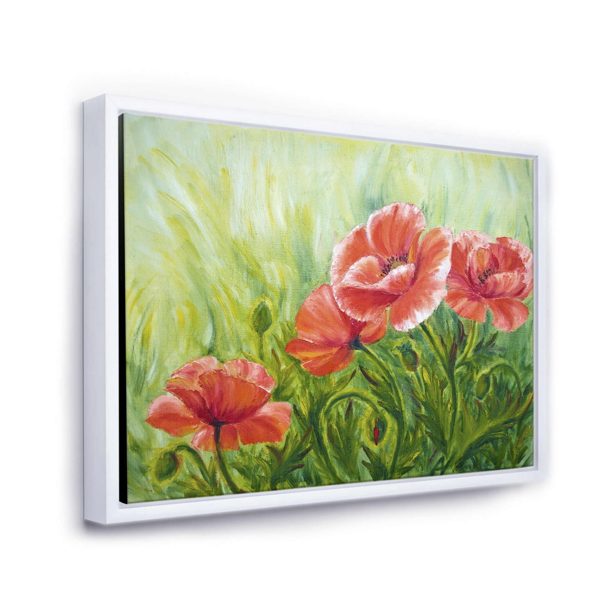 Designart 'Red Blossoming Poppies Over Wild Green III' Traditional Framed Canvas Wall Art Print