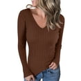 thumbnail image 1 of Inadays Women's Rib Pullover Sweater Long Sleeve Knit Tops Solid Color Winter  V Neck Sweaters (Brown, M), 1 of 4