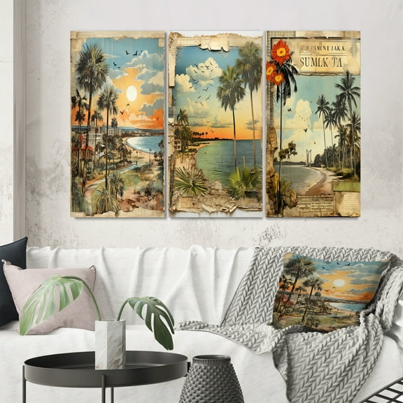 Designart "Vintage Florida Collage Palm Trees and Beach Scenes III" Florida Wall Art Set Of 3 - Modern Green Gallery Set For Office Decor