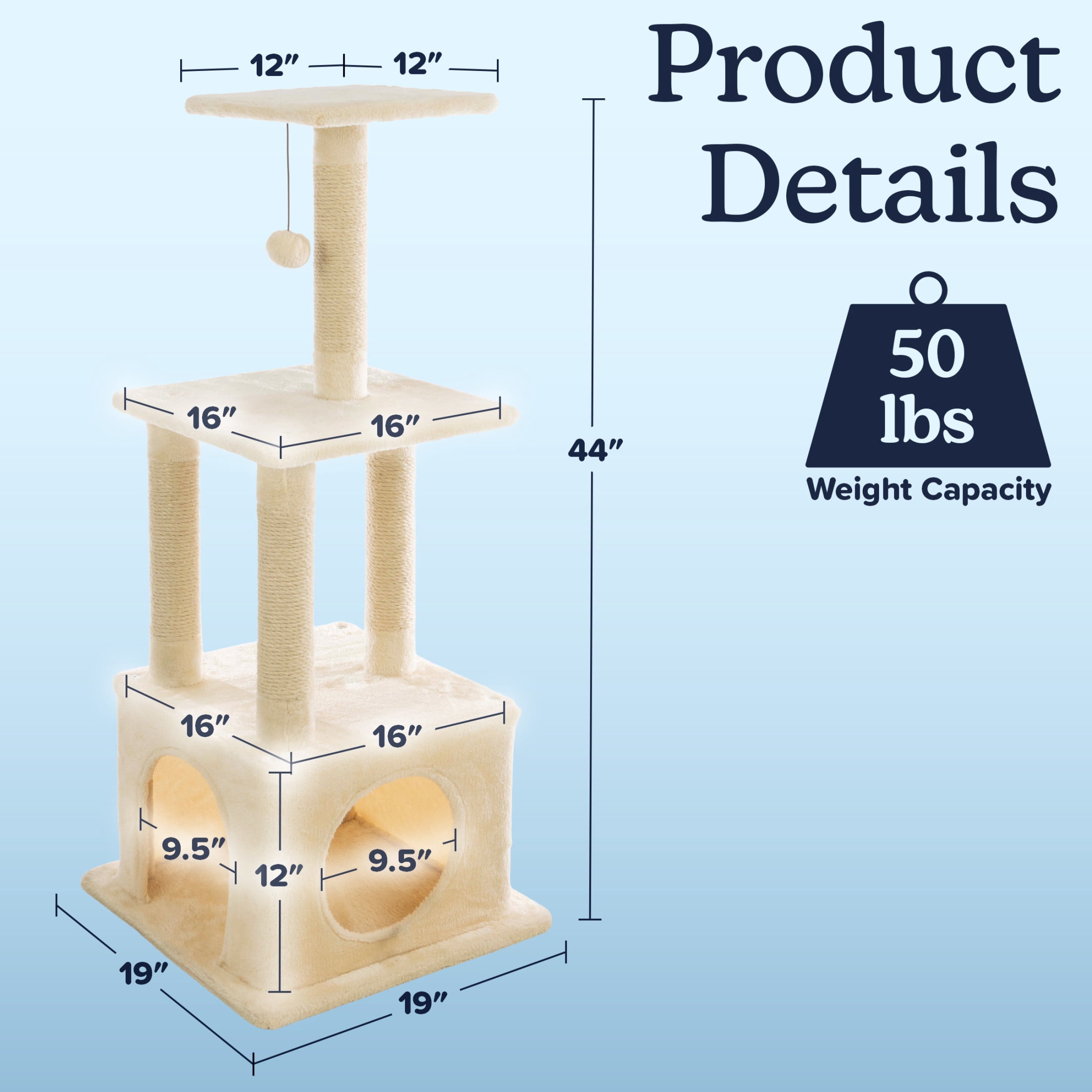 PETMAKER 44in Tall Cat Tree Tower with Perches, Condo, Scratching Posts, and Hanging Toy (Beige)