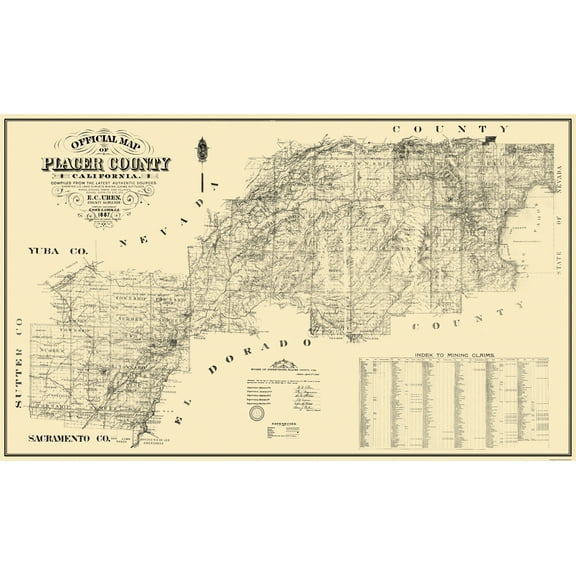 Historic County Map - Placer County California - Uren 1887 - 38.19 x 23 - Vintage Wall Art