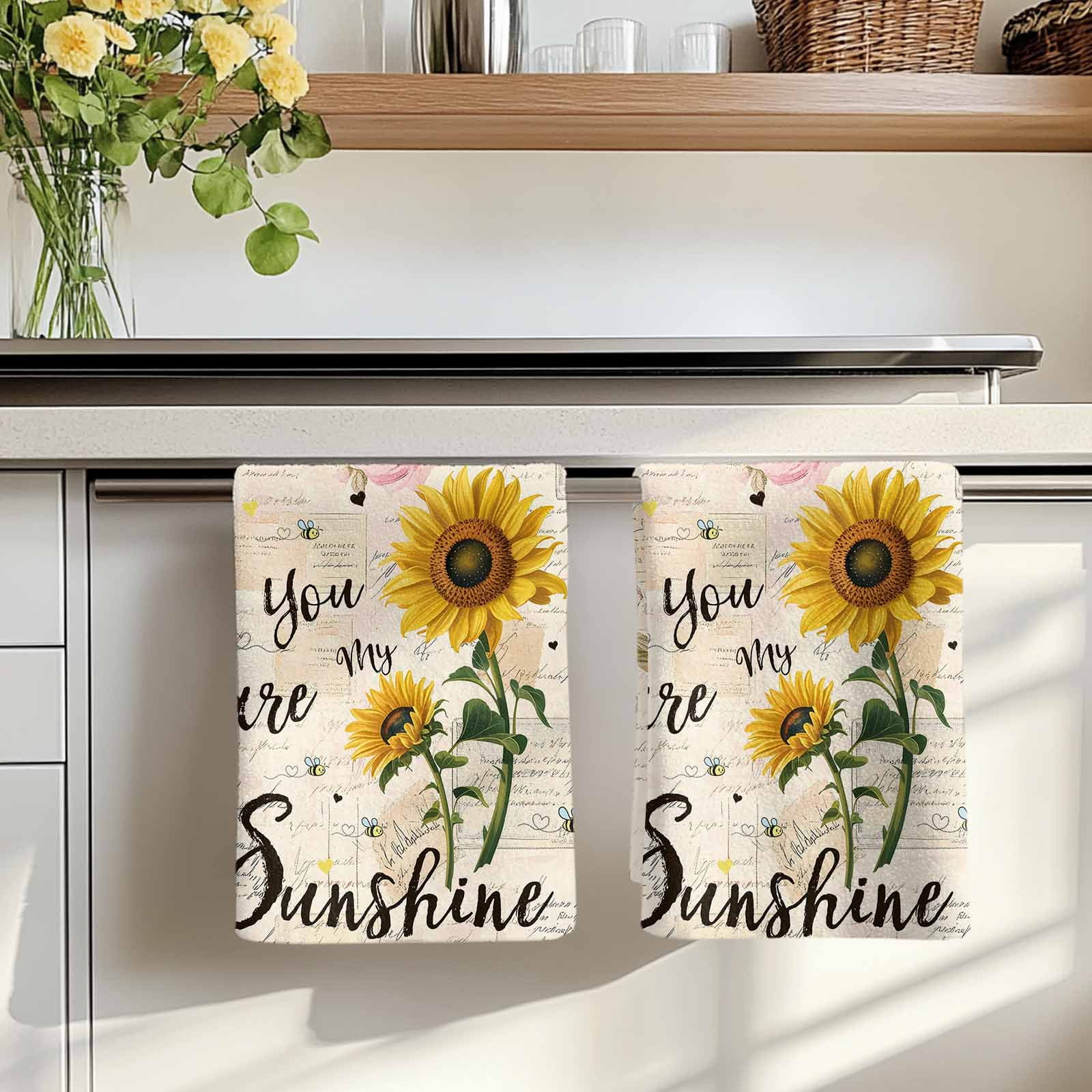 Dish Towels, Bee Sunflower Absorbent Kitchen Towels 2 PCS, Vintage You Are My Sunshine Microfiber Hand Towels Dish Cloths Tea Towels for Home&nbsp;Bathroom Cleaning Drying,18X28-Inch,