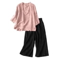 thumbnail image 2 of Chuancc Womens Cotton Gauze Loungewear Sets Casual 2 Piece Sleepwear Button Down Shirt and Wide Leg Pants Outfits Pink M, 2 of 3