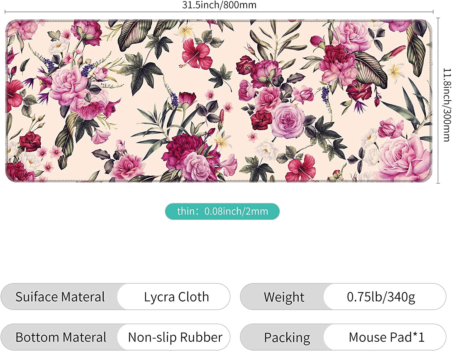 Thin Extended Gaming Mouse Pad （31.5 * 11.8 * 0.08 inch） with Stitched Edges Large Mousepad Long XXL Keyboard and Mouse pad Desk Mat for Gaming Office & Home - Vintage Pink Flowers