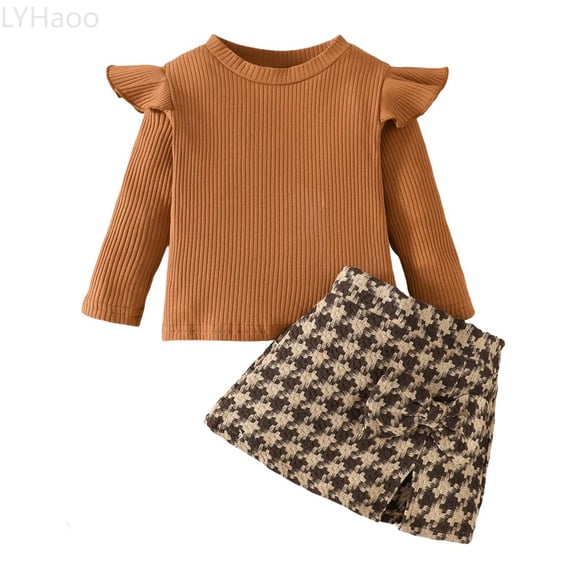 LYHaoo Stylish Fall And Winter Long Sleeve Outfit For Toddler And Little Girls Cozy Two Piece Playwear Girls Outfit Sets Sizes 12-18 Months(Brown)