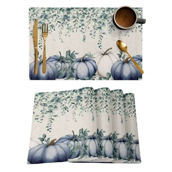 Placemats Set of 8 Autumn Harvest Pumpkin Thanksgiving Plant Leaf Retro Linen Heat Insulation Washable Place Mats, Rustic Non-Slip Table Mats for Dining Table Party Kitchen Decor,13x19 Inch