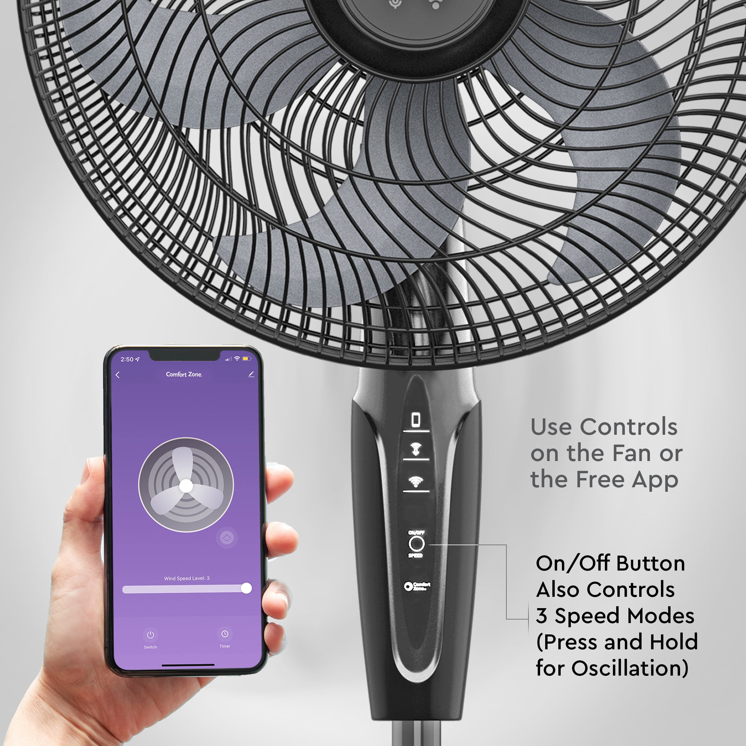 Comfort Zone 18 in. Oscillating Stand Fan, Adjustable Height, Tilt, Wi-Fi