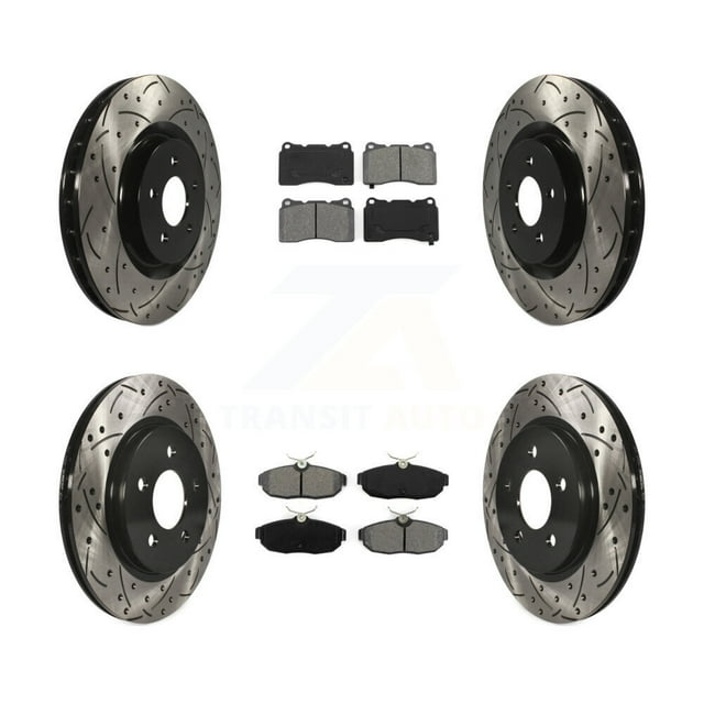 Transit Auto Front Rear Coated Drilled Slotted Disc Brake Rotors and Semi-Metallic Pads Kit for Car Ford Mustang KDS-100199