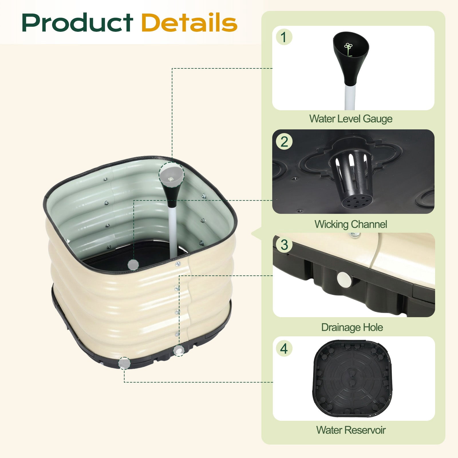 Aoodor 16.5" Galvanized Self-Watering Raised Garden Bed with Drainage-Beige