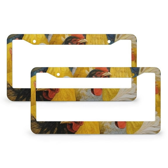 License Plate Frames Dark Yellow Chickens Customized Decor Car Tag 2 Pcs Set Rooster Painting Country Aluminum License Plate Cover Funny Cute for USA Canada Vehicles