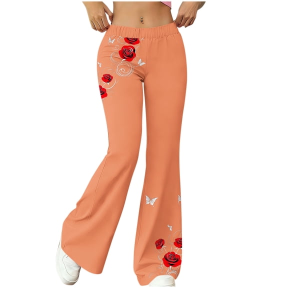 LEKWK Flare Pants for Women Slim Fit Floral Graphic Print High Waist Bell Bottom Pants Stretchy Aesthetic Flared Yoga Pants for Festival Club Wear