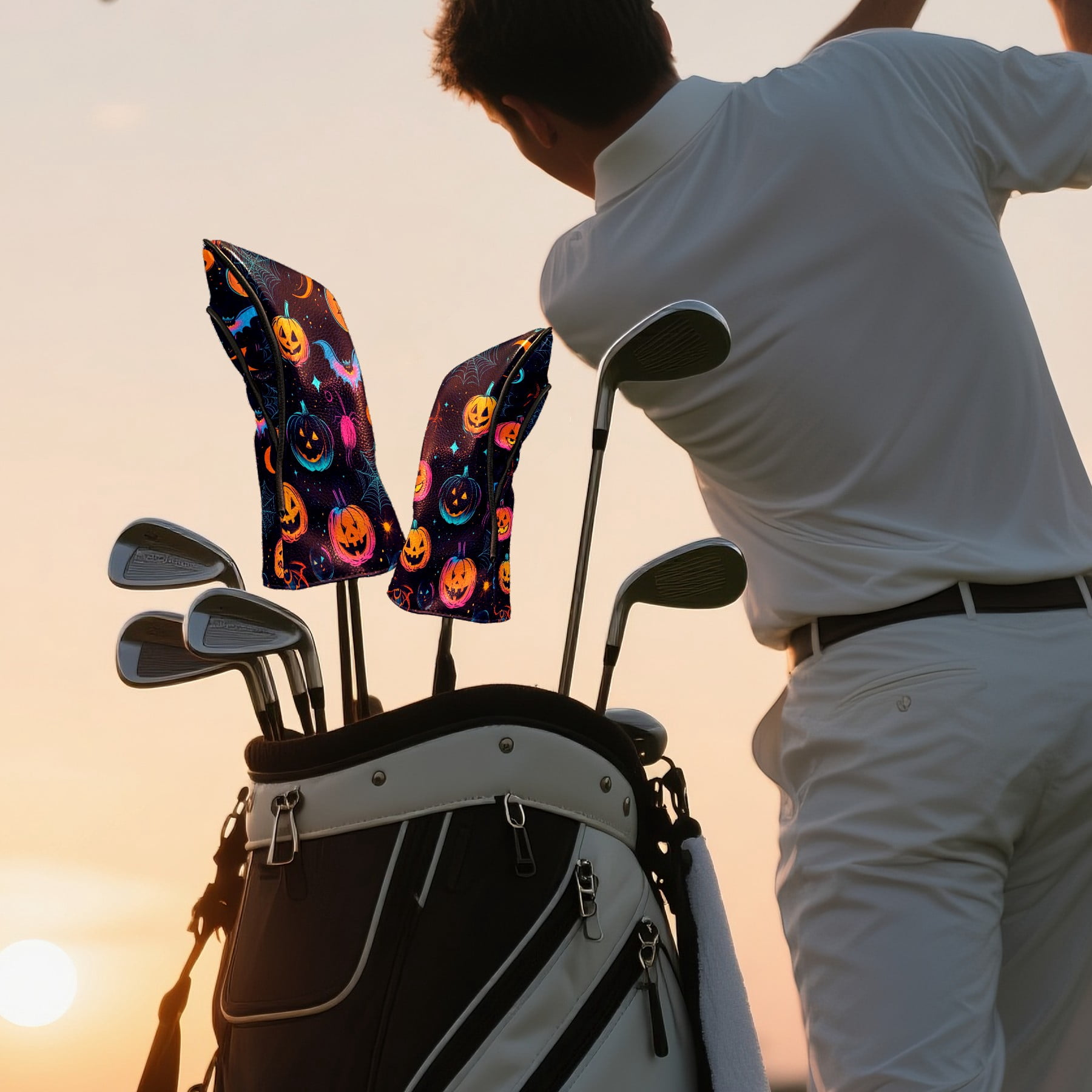 Golf Club Covers PU Leather Waterproof Head Covers for Fairway Woods Hybrids Cute Halloween Pumpkin