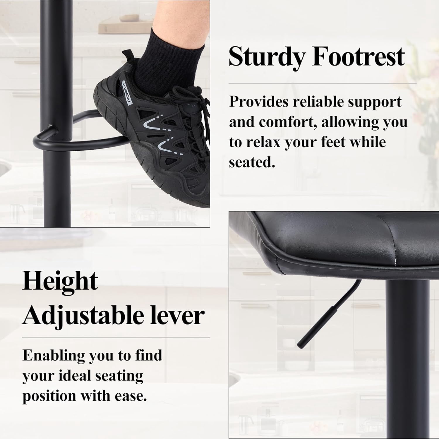 FIRAVOE Bar Stools Set of 3 (High Back)(24"-33" Adjustable) Counter Height Bar Stools, Modern Swivel Barstools Bar Chairs for Kitchen Island, Black