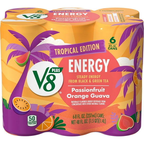 V8  Energy Passionfruit Orange Guava Juice Energy Drink, 8 fl oz Can, 6 Count ( 2 Pack )