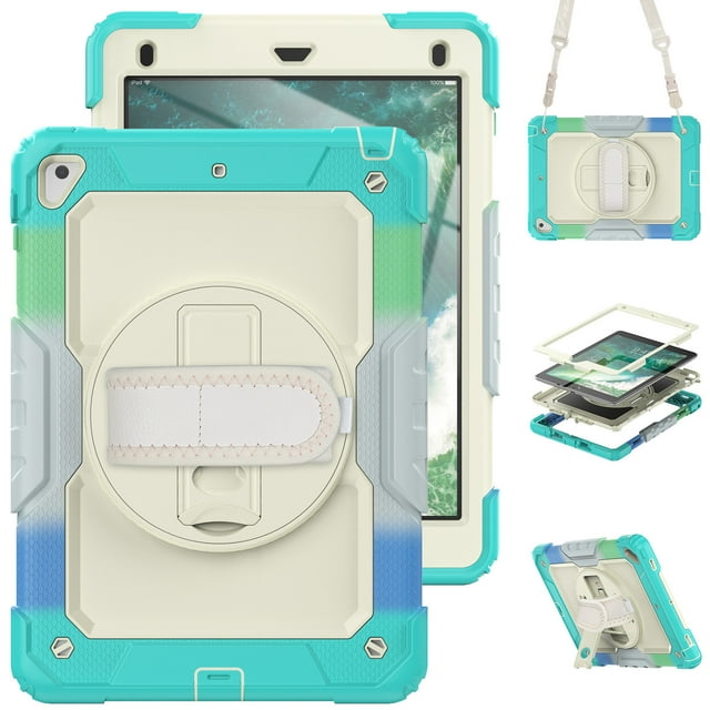 Case for iPad 6th / 5th Gen (2018 2017) / iPad Air 2 / iPad Pro 9.7 inch with Screen Protector, 360 Degree Rotating Kickstand Hand Strap Shockproof Cover with Shoulder Strap, Rainbow Blue